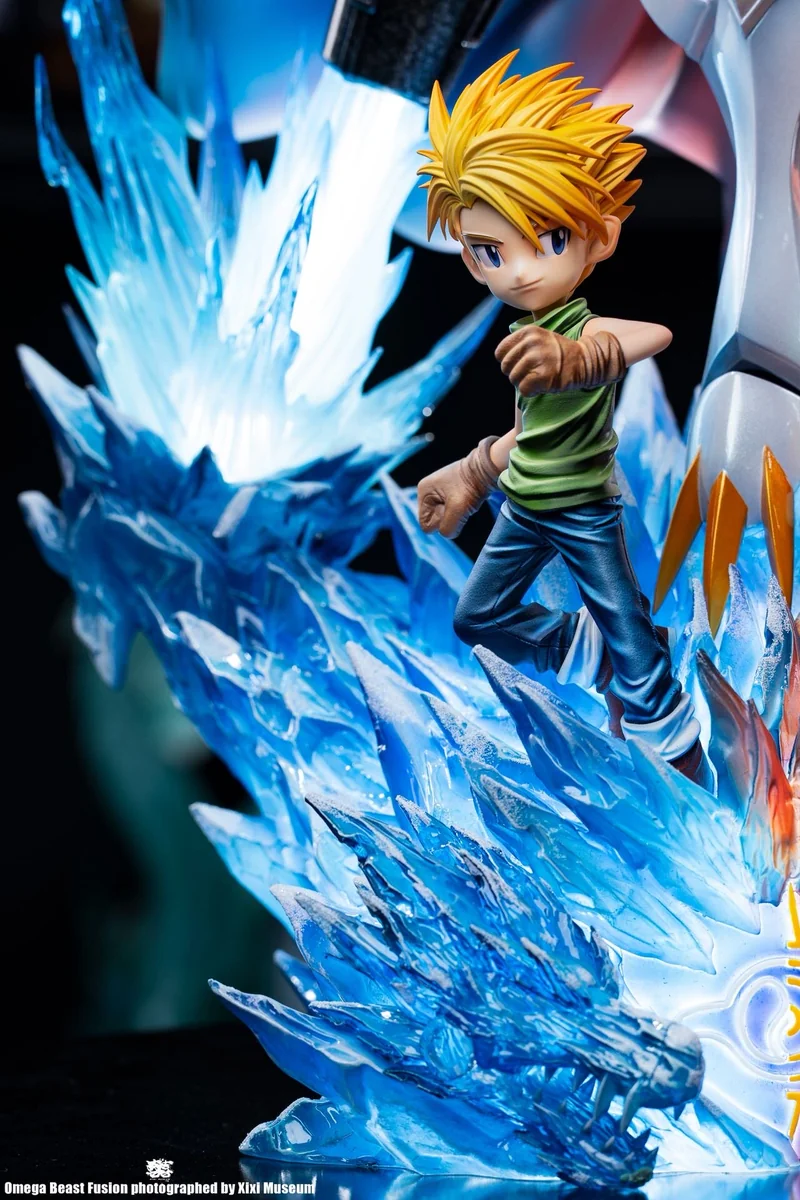 "Limited Edition Omegamon Digimon statue by Dreammaker Studio, captured from various angles to highlight its dynamic LED lighting, intricate battle."