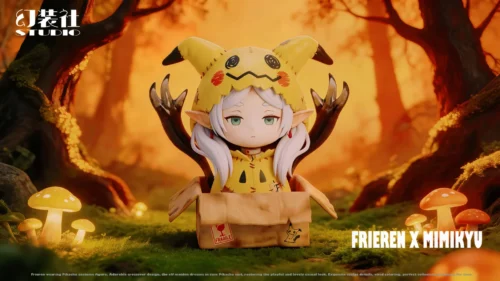 "Adorable chibi Frieren in a Mimikyu costume, a unique Frieren: Beyond Journey's End x Pokémon crossover resin statue. Playful and whimsical collect."
