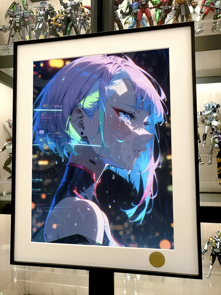 "Detailed views of the premium Cyberpunk Edgerunners Lucy's Tears print. Highlights poignant Lucy, vibrant cosmic details, and intricate."