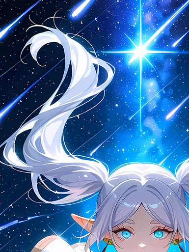 "Premium Frieren Wall Art detail: vibrant Epson HD print of ethereal Frieren, celestial backdrop, and elegant aluminum frame."