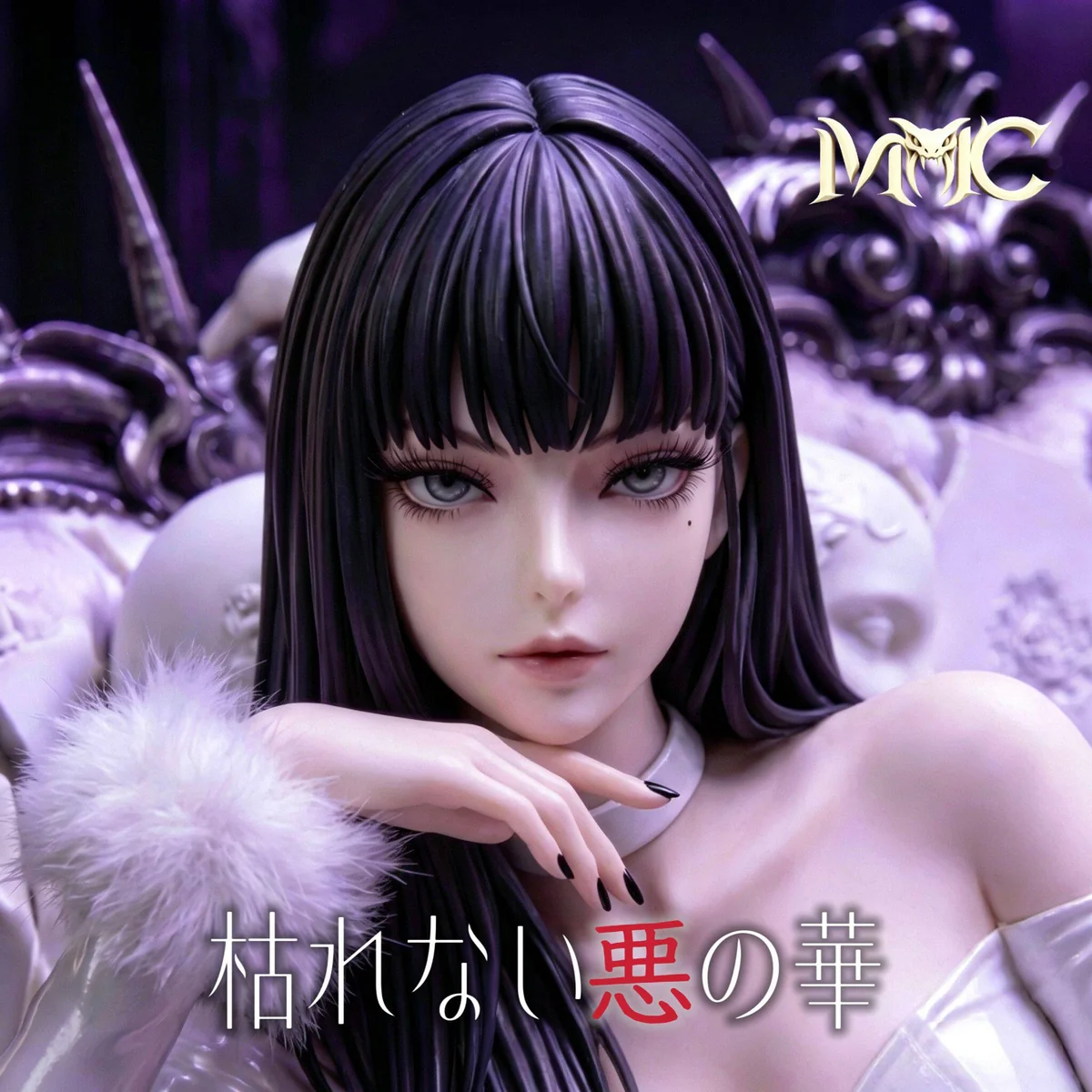 "Limited 1/4 scale Tomie figure, a Junji Ito LED horror art statue. Autophagic Throne reveals dark gothic fragmented forms and crimson light details."