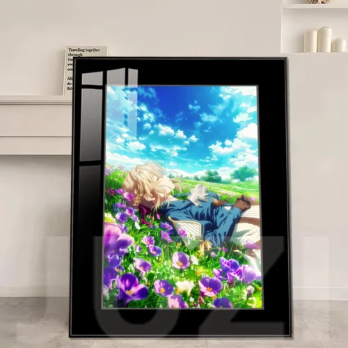 "Elegant framed Violet Evergarden painting. Premium HD print of her serene grace under clear sky. Fade-proof JUZI art."