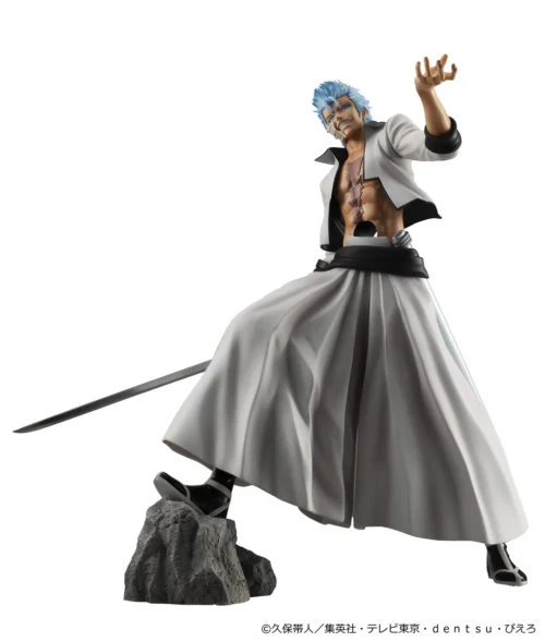"Dynamic Grimmjow Jaegerjaquez Bleach statue by MegaHouse, showcasing intricate sculpting, fierce expression, and action pose from multiple premium."