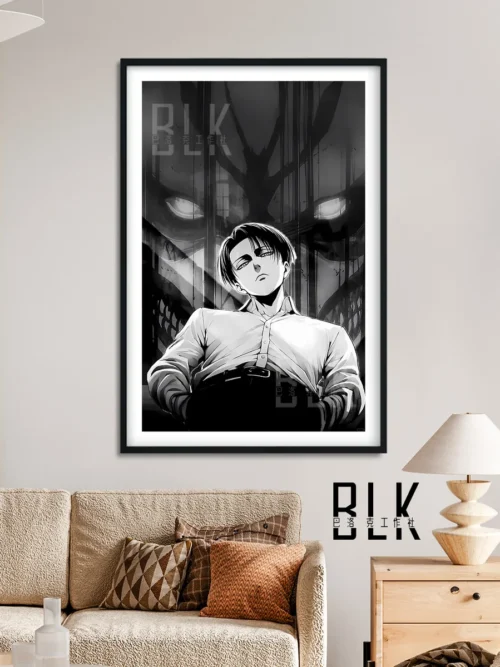 "Baroque Levi Ackerman Gaze decorative painting gallery. This elegant Attack on Titan wall art features Levi's intense gaze within an ornate classical."