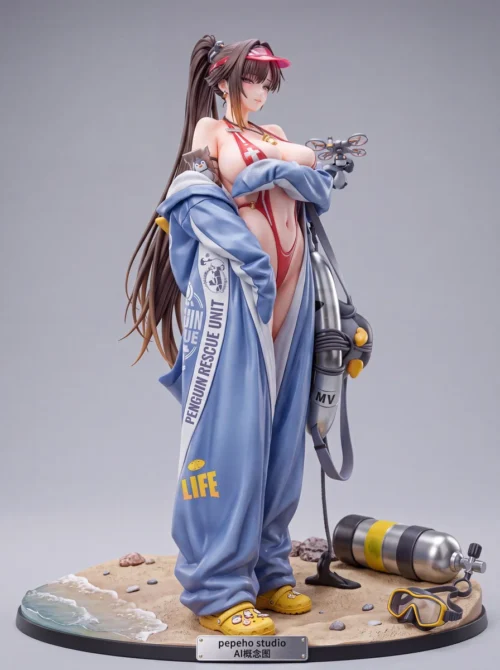 Stunning NIKKE Marciana 1/4 & 1/6 scale resin statue, capturing her dynamic ocean training in a vibrant swimsuit amidst intricate water effects.