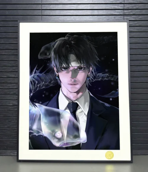 Limited edition Chrollo Lucilfer Hunter x Hunter print by H-TWO Studio. Dynamic dark aesthetic artwork, detailed frame shown multiple angles.