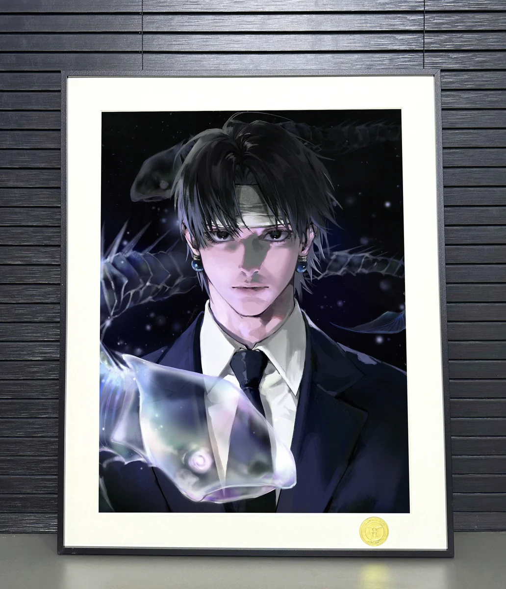 Limited edition Chrollo Lucilfer Hunter x Hunter print by H-TWO Studio. Dynamic dark aesthetic artwork, detailed frame shown multiple angles.