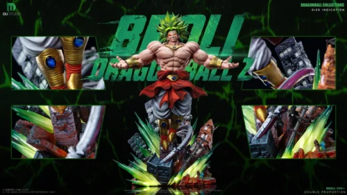"Limited Edition Du-Studio Broly Resin Statue, 1/8 & 1/6 scale. Gallery details the dynamic pose, intricate sculpt, and vibrant LED-illuminated green."