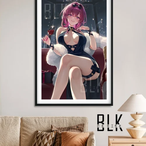 "Honkai Star Rail Kafka painting, detailed views highlighting premium Giclée print's elegant Baroque style and sophisticated brushed aluminum frame."