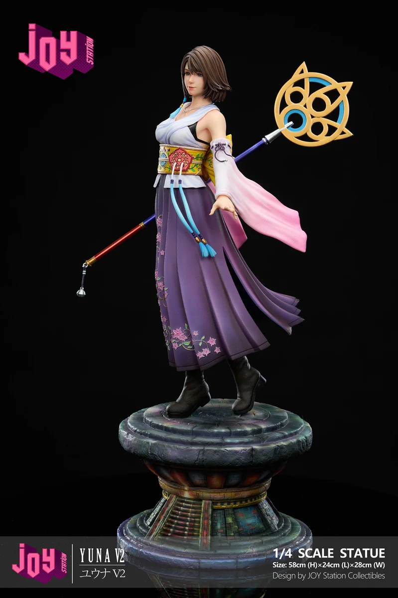"Stunning 1/4 scale Final Fantasy X Yuna 2.0 resin statue from Joy Station Studio, showcasing her dynamic summoner pose amidst ethereal water effects."