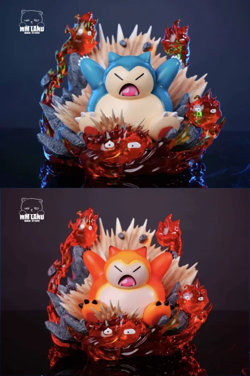 "Enraged Snorlax & glowing Calcifer LED crossover statue. Dynamic resin figure capturing an explosive Pokémon x Howl's Moving Castle scene."