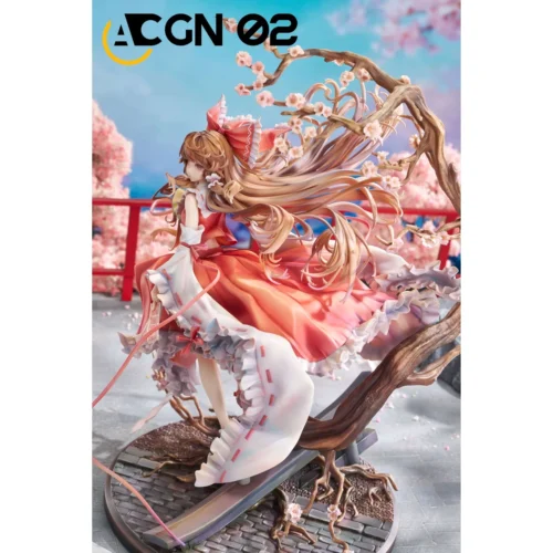 "Limited edition 1/7 Hakurei Reimu Touhou Project hand-painted resin figure. Dynamic pose, intricate details, swirling sakura blizzard."