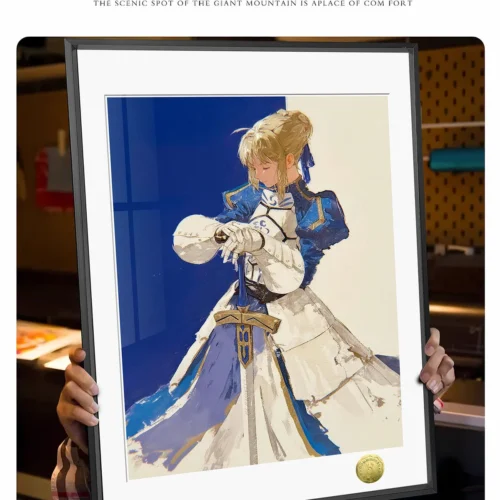 "Stunning Fate Saber fan art decorative painting by Huang Gua Studio, showcasing Saber in a dynamic, heroic anime pose. Exclusive collectible decor."
