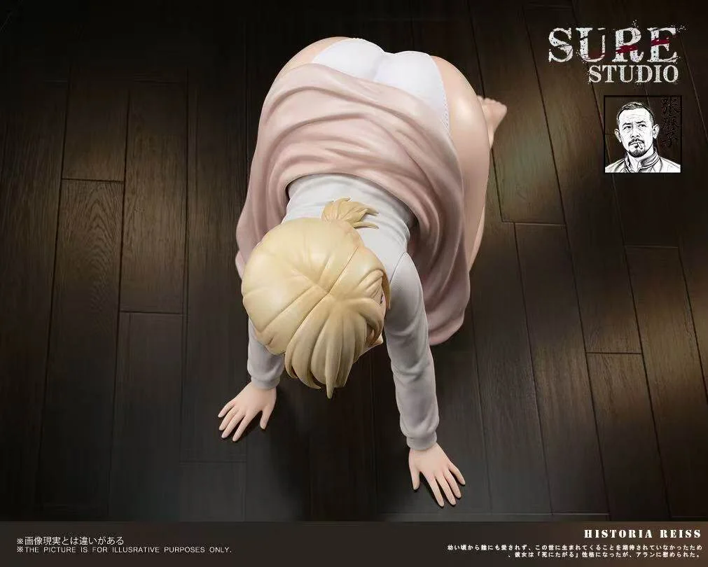 { "alt_text": "Limited 1/4 Historia Reiss Attack on Titan statue. Sensual prone pose, intricate sculpt, semi-transparent dress, plush base."