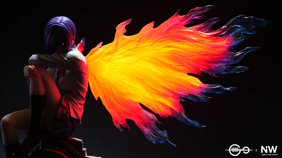 "Tokyo Ghoul Touka 1/4 scale statue. Dynamic pose with glowing LED Ukaku Kagune and realistic skin, detailed from various angles."