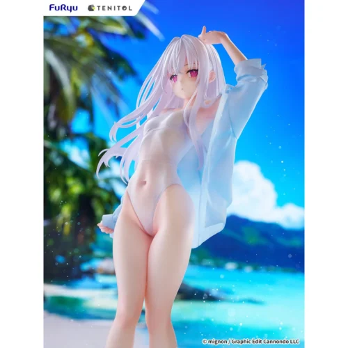 "Vibrant 30cm Mignon Works Shiro Swimsuit Figure, dynamically posed with a beach ball, detailed from various angles. Enjoy her playful summer aestheti."