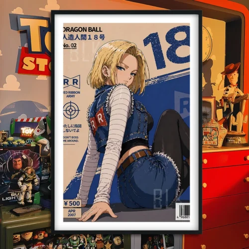 "Premium Dragon Ball Z wall art featuring a stylized Android 18 in a captivating Baroque-inspired pose, showcasing an artistic decorative painting."