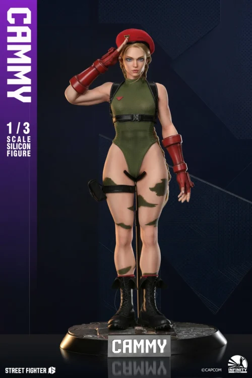 "Stunning hyper-realistic 1/3 scale Cammy movable figure from Street Fighter 6 by Infinity Studio, showcasing lifelike silicone skin and dynamic pose."