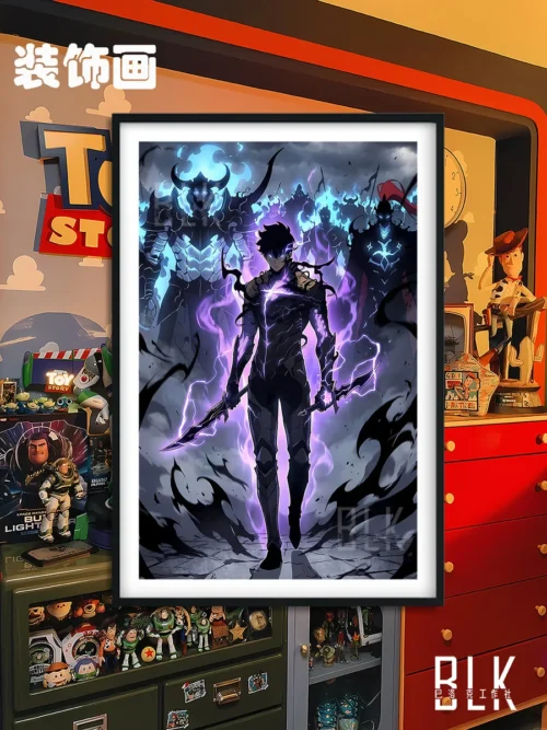 "High-definition framed Solo Leveling wall art featuring a dynamic, dramatic Baroque-style depiction of Sung Jinwoo as the Shadow Monarch, capturing."
