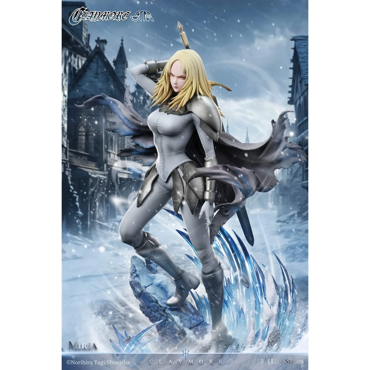 "Detailed gallery of the officially licensed 1/4 scale Miria Claymore resin statue, highlighting her dynamic combat pose and legendary warrior essence."
