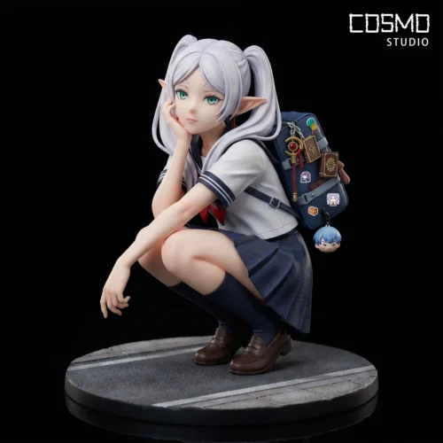 "Limited edition premium 1/6 Frieren Academy Frieren statue. Frieren in her unique academic uniform, featuring backpack and Himmel pendant."