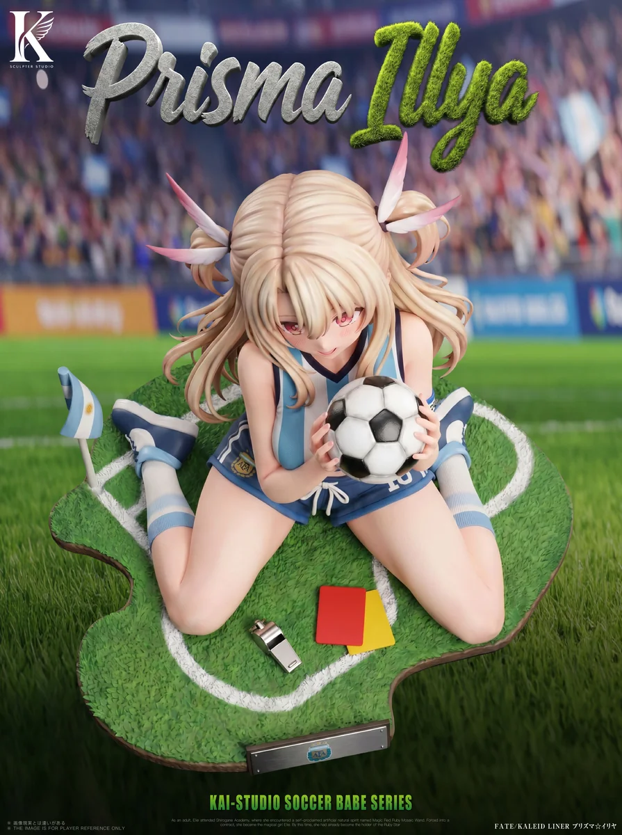 "Playful 1/6 Illya Soccer Babe figure with detailed soccer uniform and stadium base, shown from multiple angles to highlight all sculpted details."