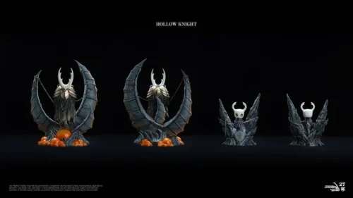 "Iconic Hollow Knight figure of Sealed Vessel and Little Knight, dramatically lit by LED, capturing the dark fantasy and heroic journey aesthetic."