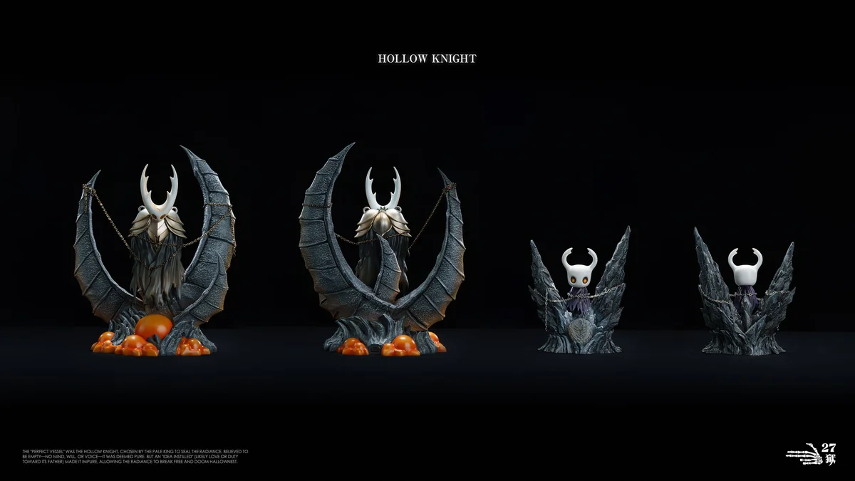 "Iconic Hollow Knight figure of Sealed Vessel and Little Knight, dramatically lit by LED, capturing the dark fantasy and heroic journey aesthetic."