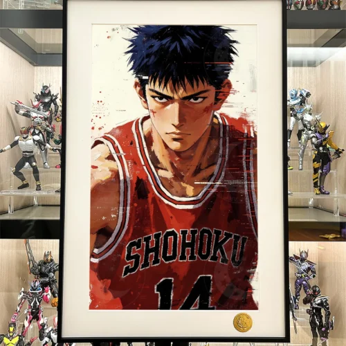 "Limited edition Mitsui Hisashi Slam Dunk print. This framed anime art shows dynamic character action, a vibrant starry sky, and detailed illustrative."