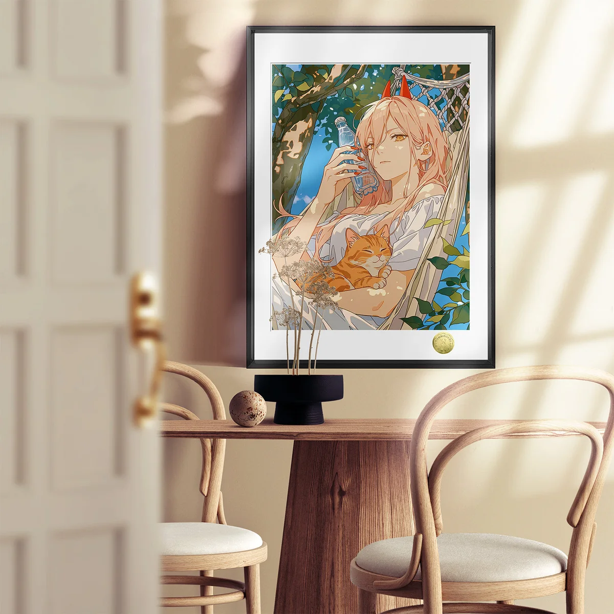 "Gallery views of exclusive Chainsaw Man Power art by Huang Gua Studio. Vibrant details capture Power with playful cats in a serene summer setting."
