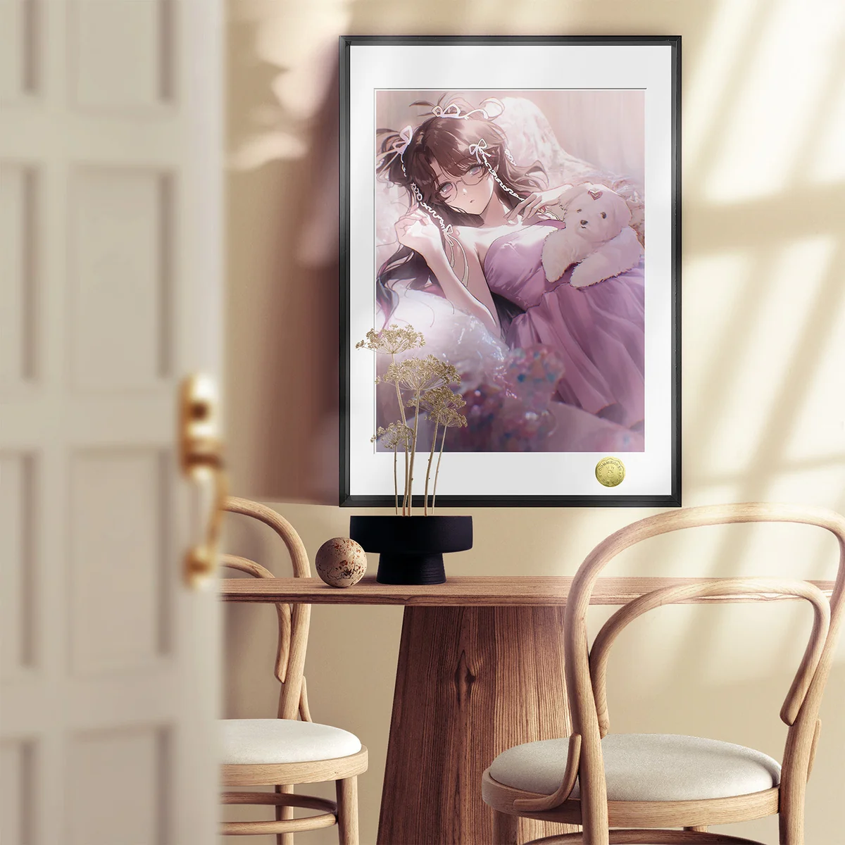 "Detail of the hand-numbered, limited edition Wuthering Waves Changli art, with serene Changli, pink blossoms, and dreamy aesthetic."
