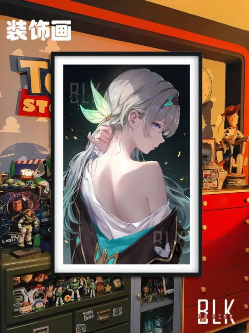 "Dramatic Baroque elegance Honkai Star Rail Firefly painting. Exquisite wall art featuring Firefly in a captivating back pose, ideal for collectors."