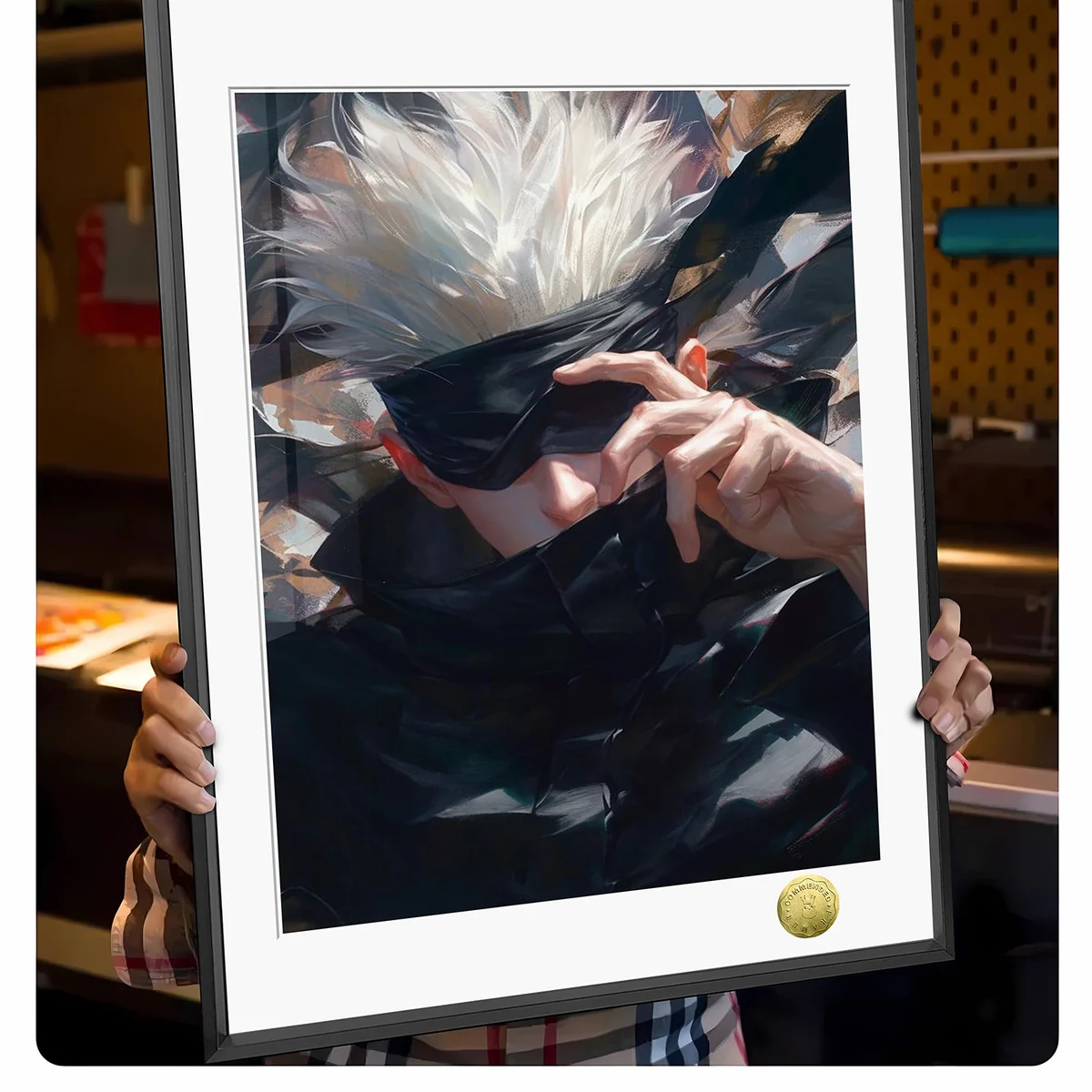 "A vibrant, limited edition Gojo Satoru Meme Art decorative painting, dynamically featuring his iconic, playful expressions from Jujutsu Kaisen."