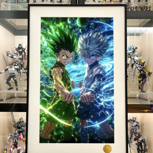"Premium limited edition Gon & Killua Starry Sky decorative painting. See multiple angles of this vibrant, cosmic Hunter x Hunter art print."