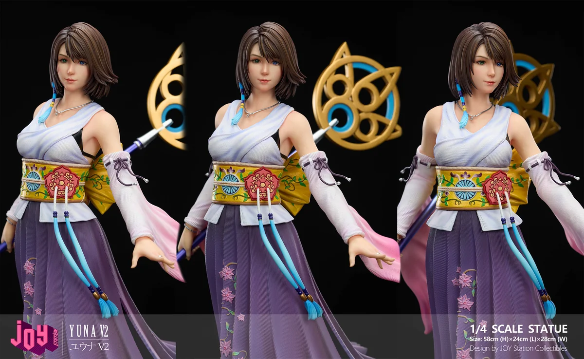 "Premium 1/3 scale Final Fantasy X Yuna 2.0 resin statue, capturing her dynamic summoner pose amidst ethereal water and spiritual effects."
