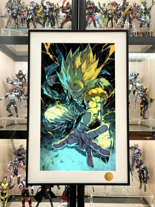 "Dynamic Dragon Ball Z Super Saiyan Gotenks painting close-up, showcasing vibrant cosmic details and premium framed art print quality."