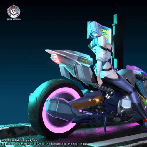 "Cyberpunk Lucy & Kusanagi Muramasa 1/6 resin statue. Dynamic LED light-up, futuristic motorcycle, and fine sculpting details."