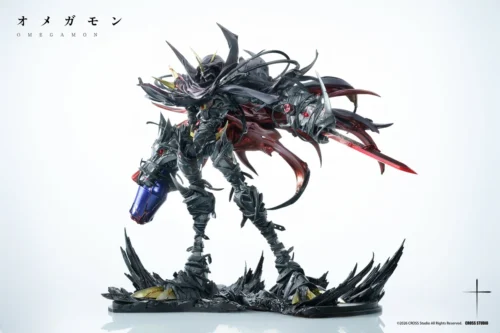 "Exclusive Omegamon Zwart DEFEAT Digimon resin statue, Cross Studio premium sculpt. Dynamic battle pose, intricate transparent effects."