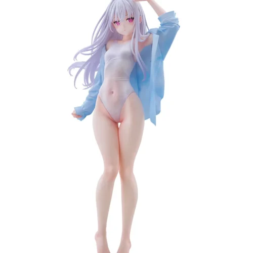 "Vibrant 30cm Mignon Works Shiro Swimsuit Figure in a dynamic pose with a beach ball, capturing a playful summer anime aesthetic."