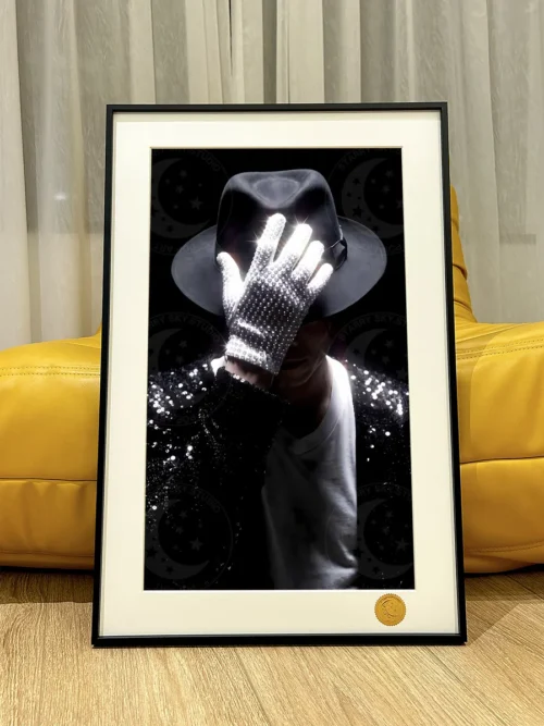 Limited Edition Michael Jackson Art Print. Museum-quality framed art showcasing a stylized MJ against a vibrant, cosmic design.