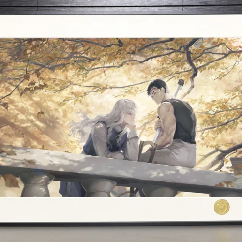 "Limited Edition Berserk Art Print by H-TWO Studio, showcasing dramatic dark fantasy artwork of Guts and Griffith with various angles and sculptural."
