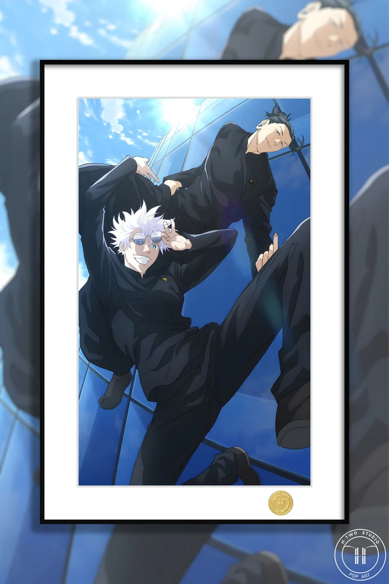 Limited Edition Jujutsu Kaisen Framed Giclée Print featuring dynamic portraits of Gojo Satoru and Geto Suguru, showcasing premium craftsmanship.