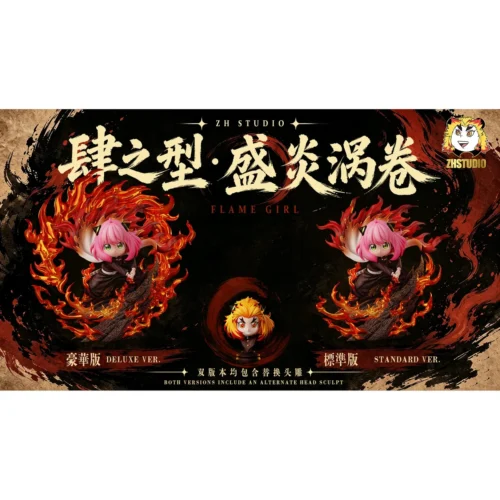 "Exclusive Anya Rengoku Crossover figure. Anya Forger in a fiery Rengoku pose with flame effects. Premium Demon Slayer x Spy x Family collectible."