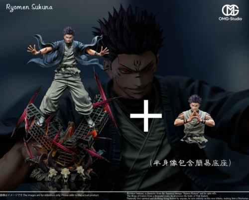 "Premium 1/6 Jujutsu Kaisen Sukuna statue by OMG Studio, featuring intense LED eyes and a dynamic, limited edition pose. Captures his formidable power."