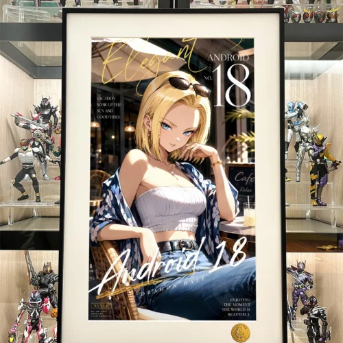 "Limited Edition Dragon Ball Android 18 magazine cover art print, showcasing her dynamic pose against a stunning cosmic starry background."
