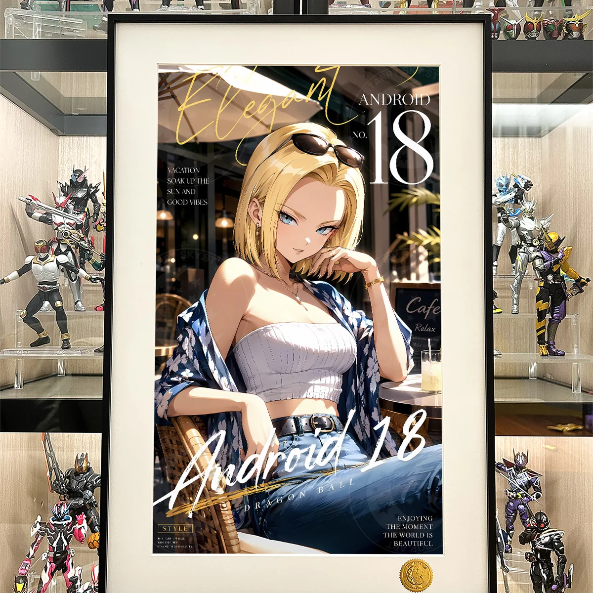 "Limited Edition Dragon Ball Android 18 magazine cover art print, showcasing her dynamic pose against a stunning cosmic starry background."