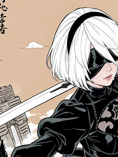 "Stunning NieR: Automata 2B art print gallery. Detailed views highlight dynamic artwork, vibrant anime style, and sleek aluminum frame."