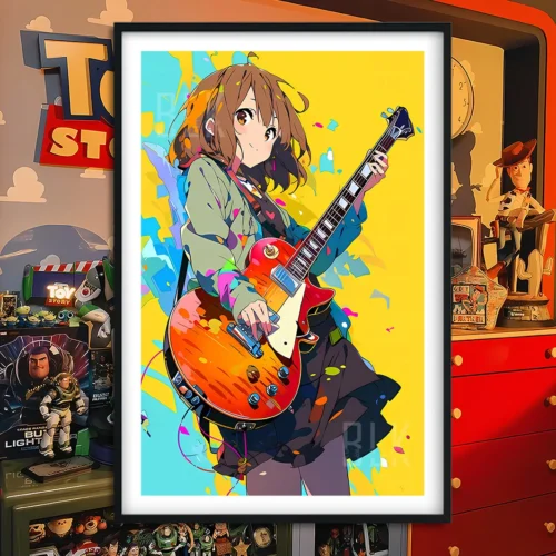 "Vibrant K-On! Yui Hirasawa Art Print, a stunning decorative painting capturing Yui in a dynamic pop-art style with baroque elegance."
