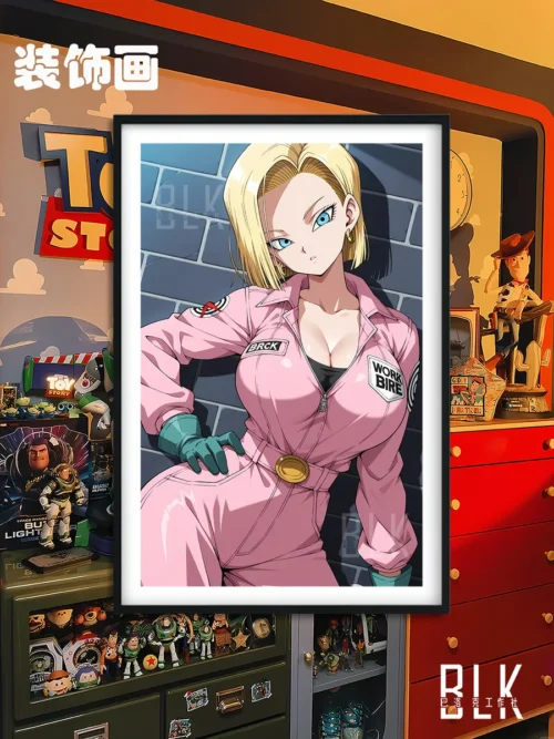 "Baroque Android 18 decorative painting from Dragon Ball Z, showcasing her iconic pink outfit. Premium anime wall art for elegant home decor."