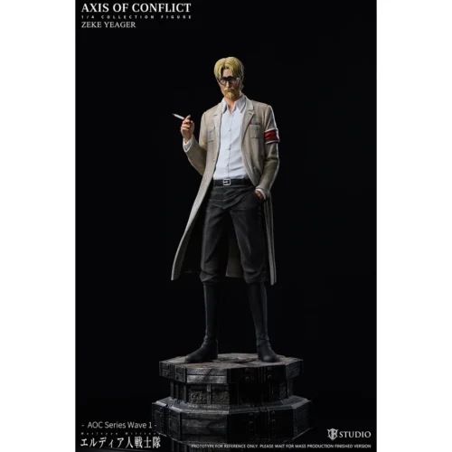 "Dynamic 1/4 scale Zeke Jaeger Attack on Titan statue. Intricate sculpt details from various angles, highlighting formidable presence. Exclusive, limi